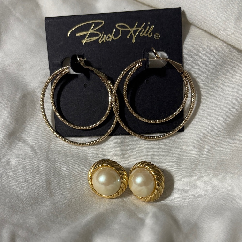 Gold and Silver Hoop Earrings and Pearl Studs Set
